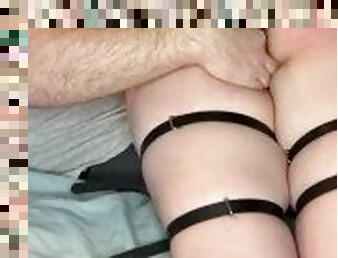 Teen in handcuffs and collar spanked hard over daddys lap