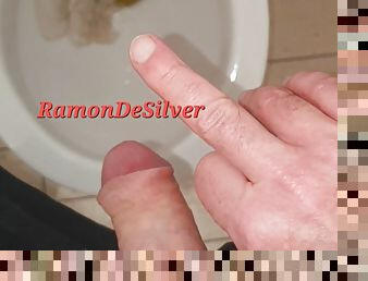 Master Ramon pisses, spits and jerks hot milk in public toilet, lick slave!