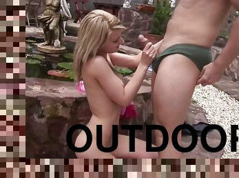 Missionary and doggy style fucking in the back yard with a blonde slut