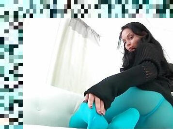 Bright blue pantyhose are tasty on her ass