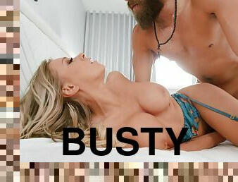 Bearded man fucks busty cougar and pulls out on her tits