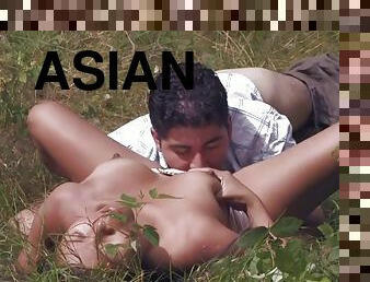 asiatisk, utendørs, cumshot, ludder, barbert, brunette