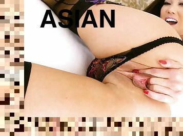asiatique, chatte-pussy, milf, doigtage, lingerie, solo, brunette