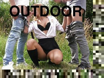 College coed Chrissy Fox enjoys two lovers in a secluded outdoor setting
