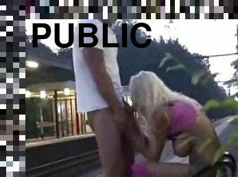 Chick in slutty pink clothes fucked at train station