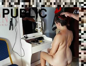 Cam in nudist barbershop. Hairdresser makes lady undress to cut her hair. Hairdresser, nudism. CAM 1 scene 1