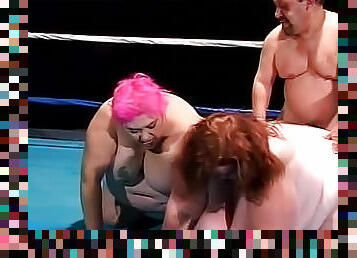 Fat girls wrestle and fuck with the ref