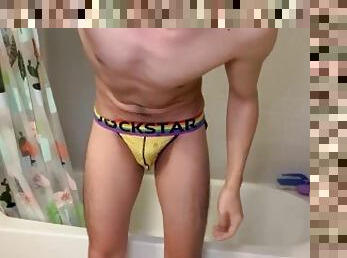 Pissing in Bathtub In morning Jockstrap Yellow