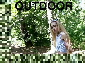 Sweet blonde fucks in the woods for cash