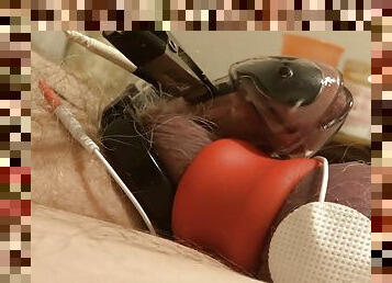 Estim Chastity Cage - 7inch dick stuffed into a one inch estim cage. Hands free orgasm