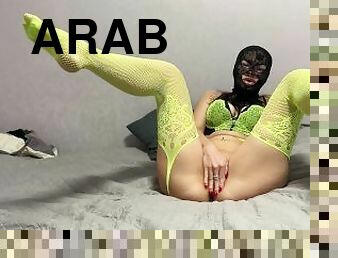 Big ass arab latin MILF Kalista Blackness in yellow fishnets fuck herself with big dildo