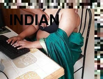 Indian Office Secretary fucks sexy busty boss on chair while working on computer - Big Boobs BBW