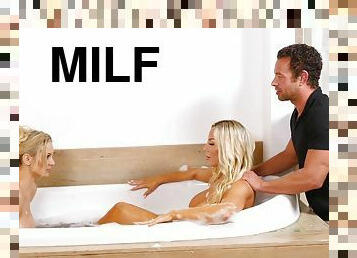 Tanned beauties share unique MILF threesome seduction