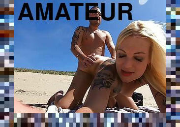 amateur, anal, allemand, ejaculation-interne, plage, point-de-vue, blonde, tatouage