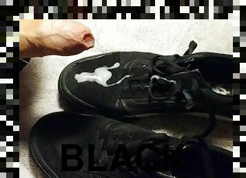 Big dick stains black Vans with nice load of cum