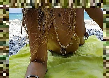 nippleringlover horny milf sexy nude tanned body flashes extreme pierced nipples and pierced pussy at public beach