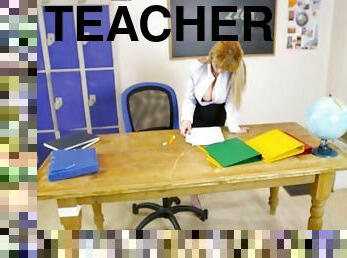 Buxom blonde teacher sucks off her student in POV