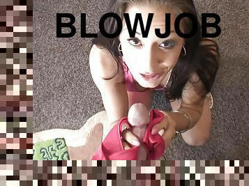 Sweet brunette Kira Croft is giving a blowjob