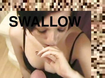 Sexy blonde is sucking and swallowing cum