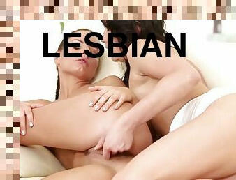 Passionate lesbian kissing and having sex