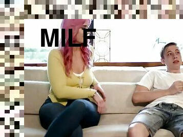 MILF with pink hair and natural tits rides her stepson