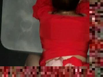 Asian teen doggy style sex in sexy red dress