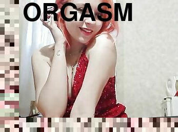 Beautiful homemade striptease in a red dress, masturbation with a toy and orgasm