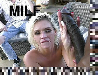 MILF gets dirty sucking black dick in front of her huby