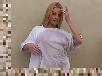 Busty blonde gets her white shirt wet