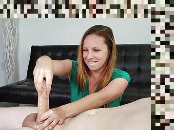 Teen provides handjob clothed and slutty