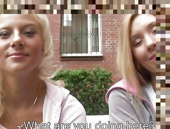 Two sexy blonde sluts from Germany sharing a loaded cock