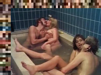 Swingers with a full bush in the tub