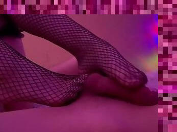 footjob in fishnet stockings and cum on feet