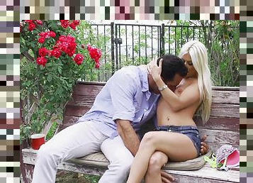 Blonde with small tits, hard fucking in the park