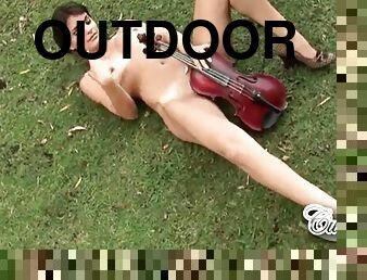 Cute Rain Strips Off Outdoors With Violin