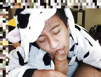 Dreichwe in a cow pijama sucking and riding my big uncut cock until he earns my hot milk