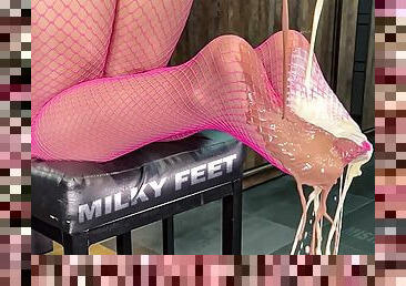 Milk Pouring On My Sexy Nylon Feet In The Pink Fishnets