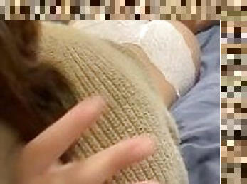 Cute glasses teen fingering herself on the couch