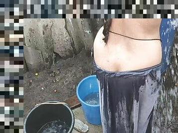 Indian Bathing Outside With Hot Boobs