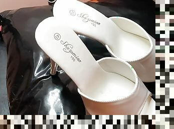 Cum on White High Heel Mules