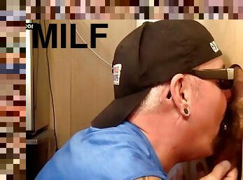 Tattooed milf at gloryhole sucks cock 4 with cum in mouth at home