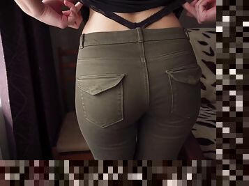 Amateur teen in tight pants teasing her whale tail straps