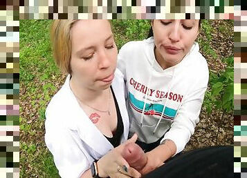 Threesome Outdoor Blowjob - Public Pov