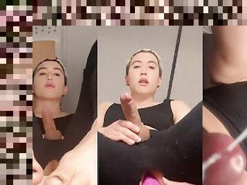 Cock worship from blonde asian femboy and tentacle dildo in leggins