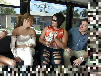 Striking cowgirl with natural tits yells while being screwed hardcore in the bus
