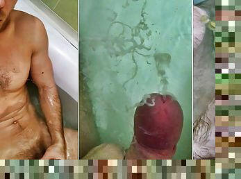 Muscular man jerks off and cums in the bathroom! Cum under water! Pissing on myself!