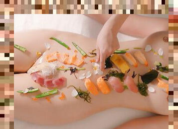 Sashimi on pussy!? Enjoy Sushi on a busty babe&#039;s oiled up body