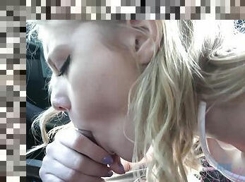 Cute blonde blows dick in the car and swallows