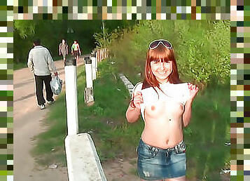 Teen redhead flashes titties in public