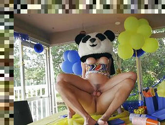 Party MILF gets the huge Panda bear's dick inside her ass